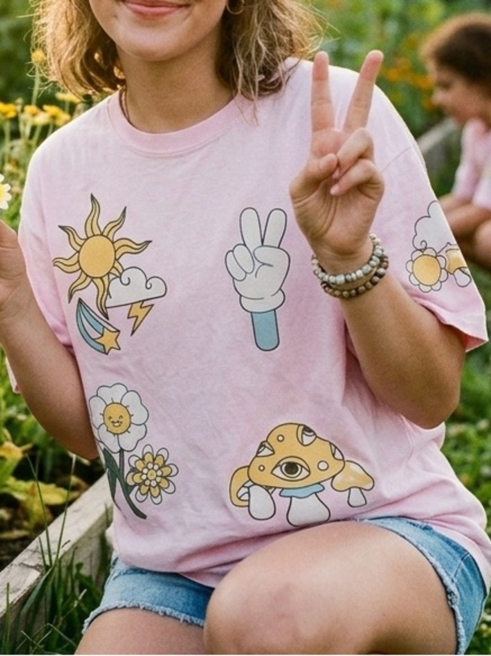 American Garage Pink Mushroom Floral Graphic Tee L Oversized Boho Hippie